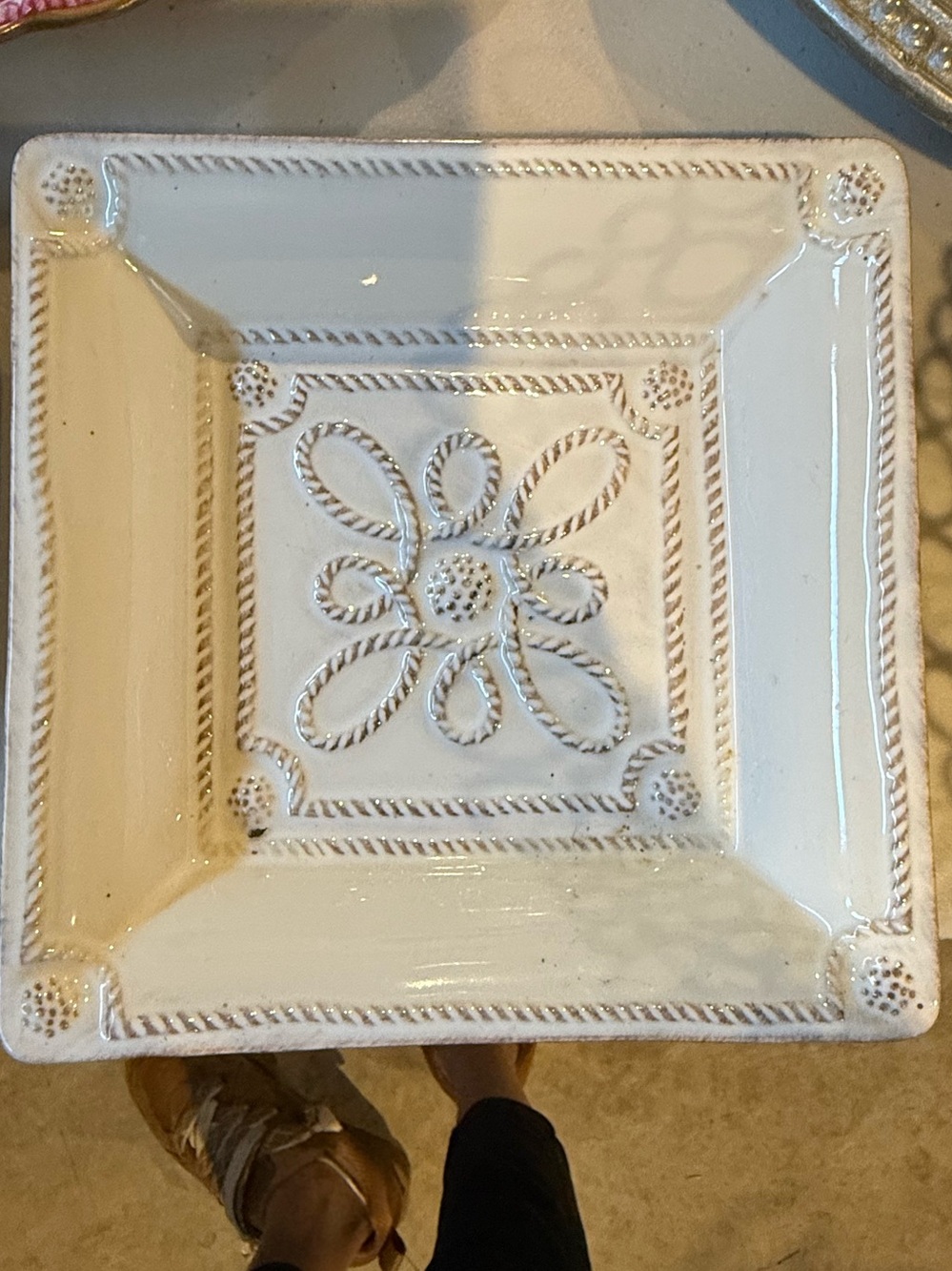 Juliska Cream Ceramic Square Dish with Embossed Floral Rope Motif